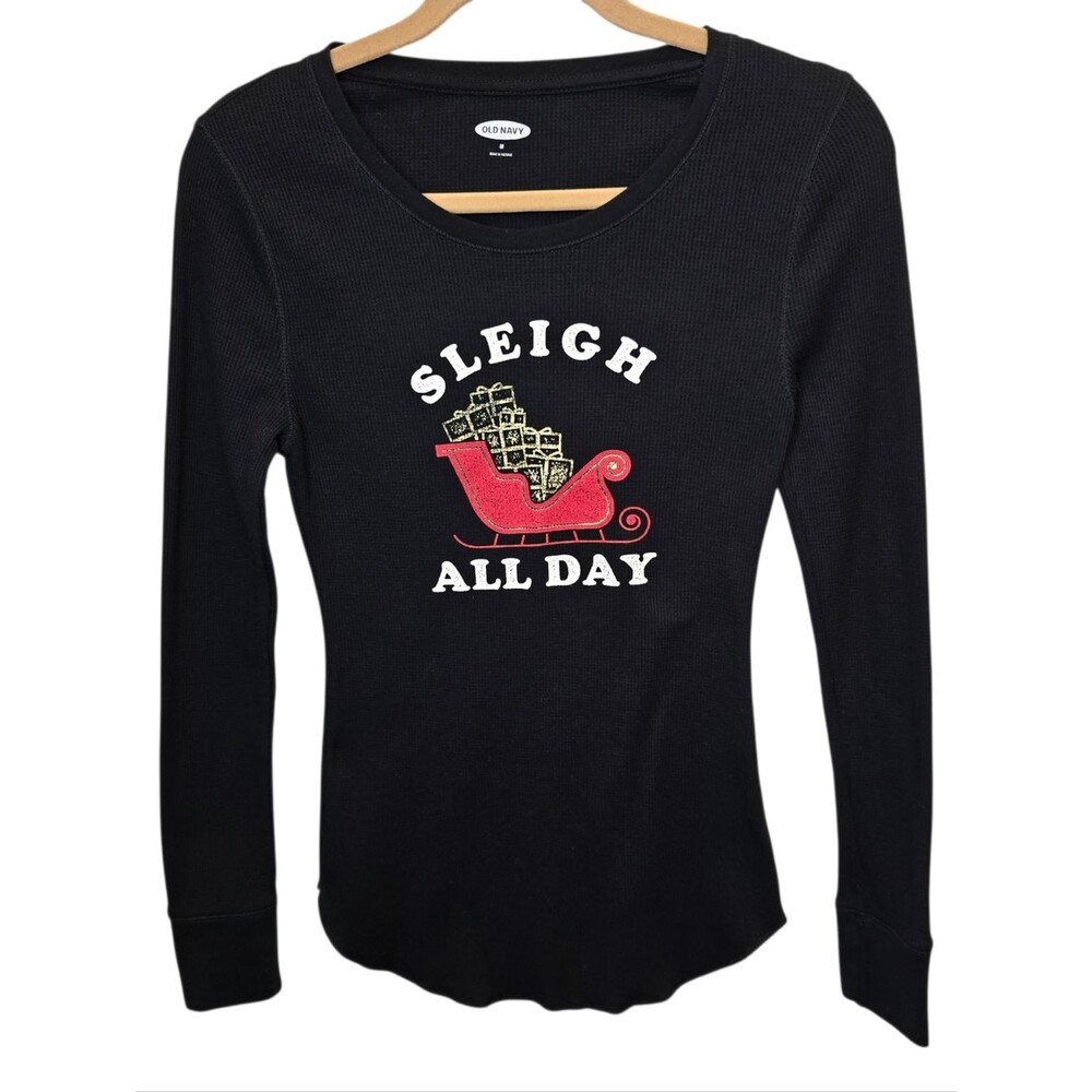 Old Navy Women's M 'Sleigh All Day' Graphic Black Thermal Long Sleeve Top